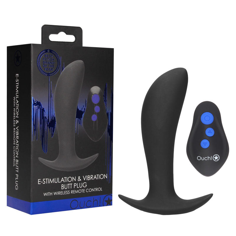 OUCH! e-Stim & Vibrating Butt Plug with Wireless Remote - Black 12.3 cm USB Rechargeable Vibrating Butt Plug with e-Stim - OU579BLK