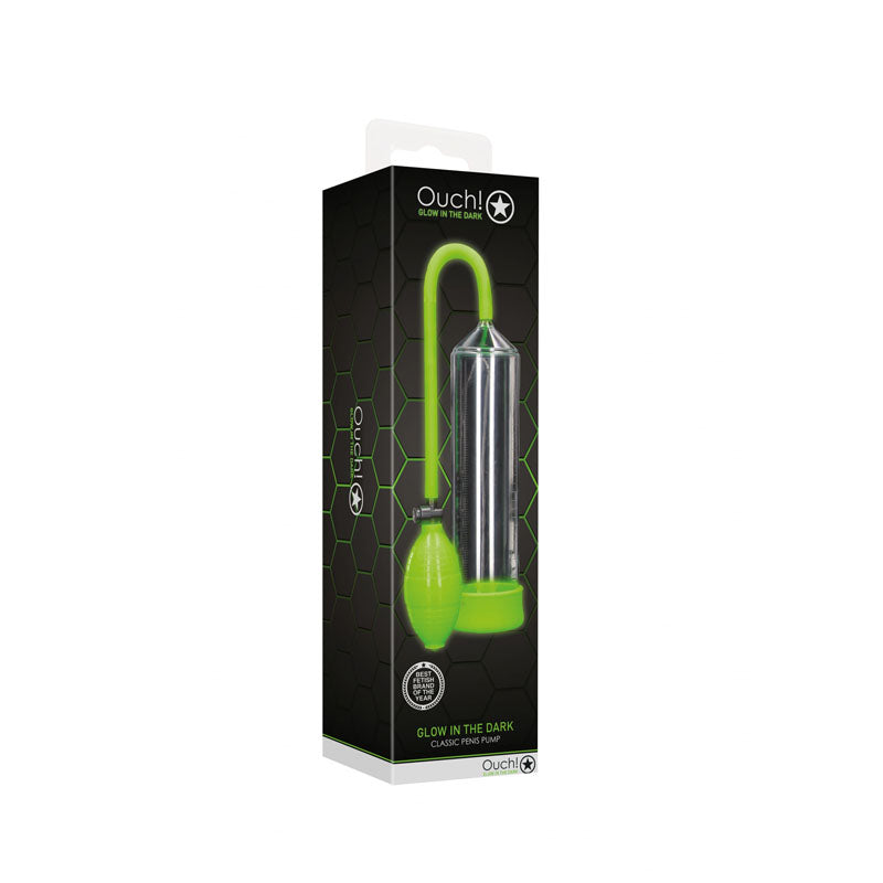 OUCH! Glow In The Dark Classic Penis Pump - Clear/Green Penis Pump - OU785GLO