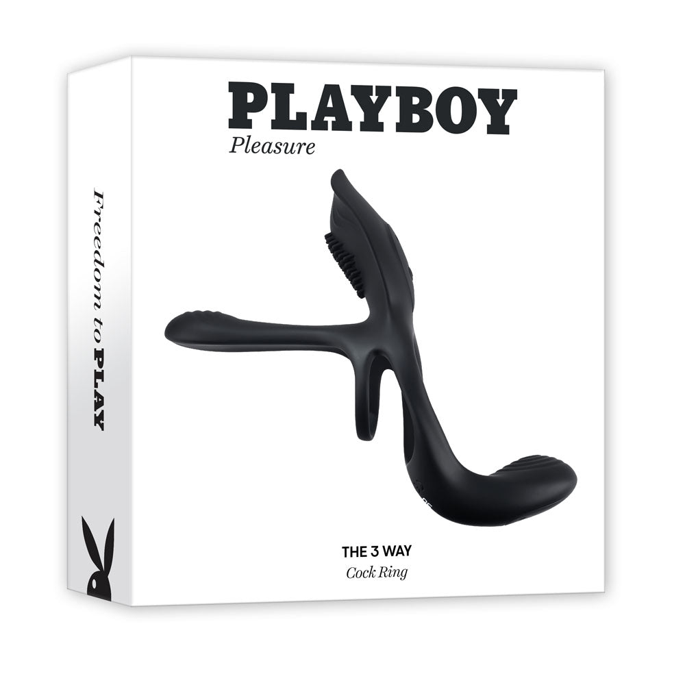Playboy Pleasure The 3 Way - Black USB Rechargeable Vibrating Cock Ring with Wireless Remote - PB-RS-1287-2