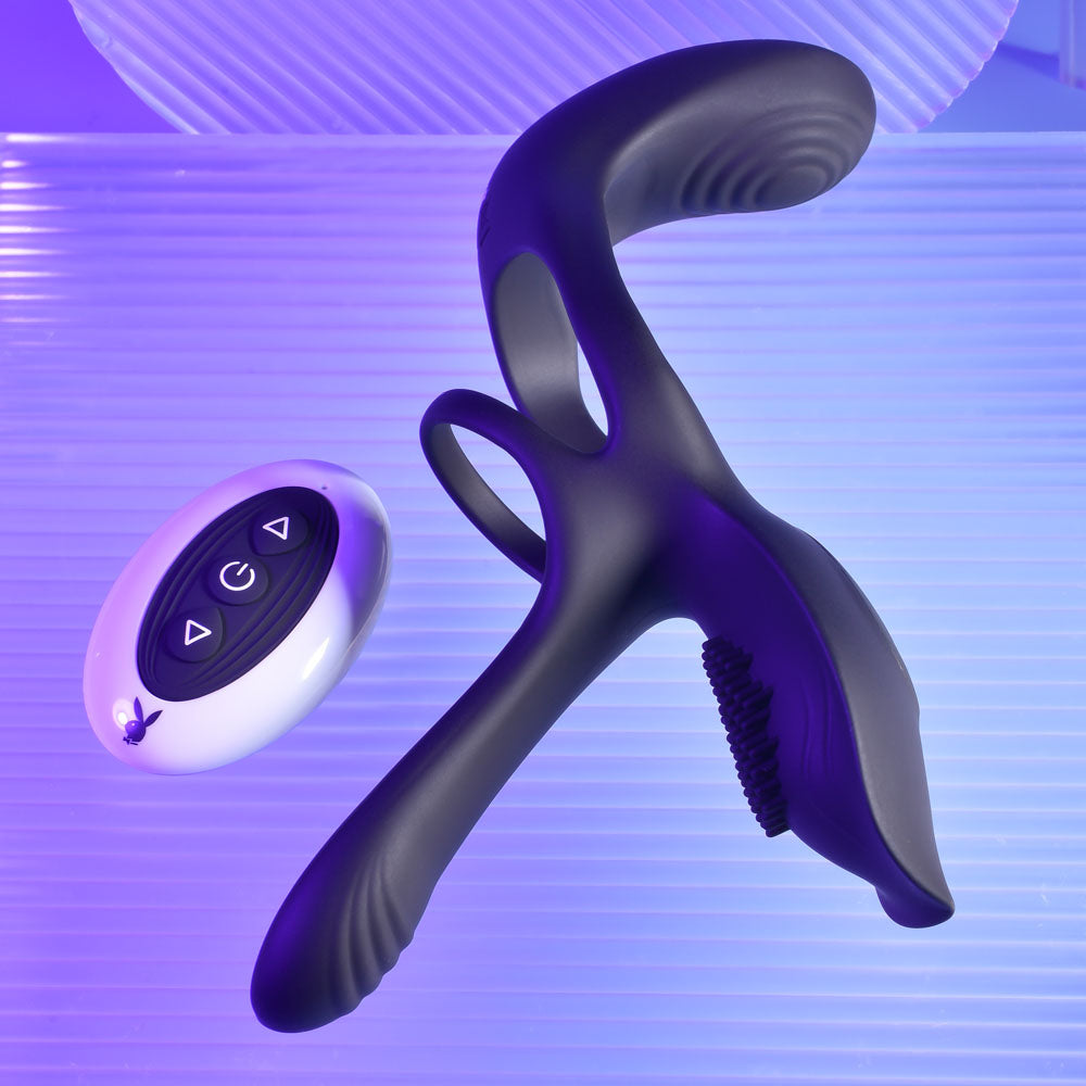 Playboy Pleasure The 3 Way - Black USB Rechargeable Vibrating Cock Ring with Wireless Remote - PB-RS-1287-2