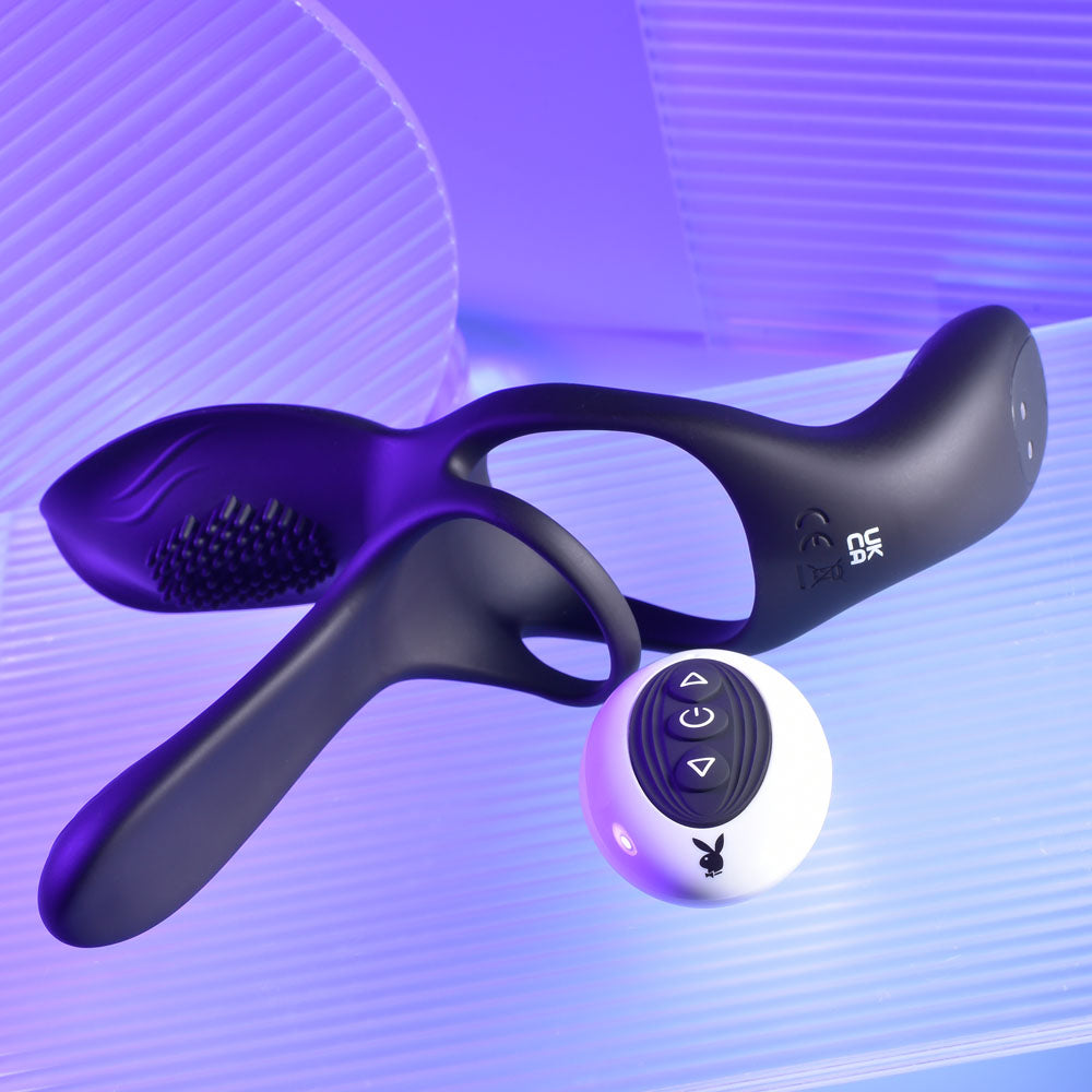 Playboy Pleasure The 3 Way - Black USB Rechargeable Vibrating Cock Ring with Wireless Remote - PB-RS-1287-2