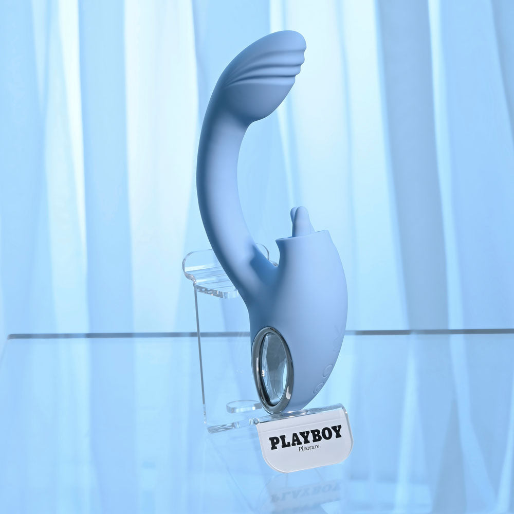 Playboy Pleasure SAPPHIRE SKY - Blue 21.6 cm USB Rechargeable Vibrator with Double Tongue Stimulator - PB-RS-4509-2