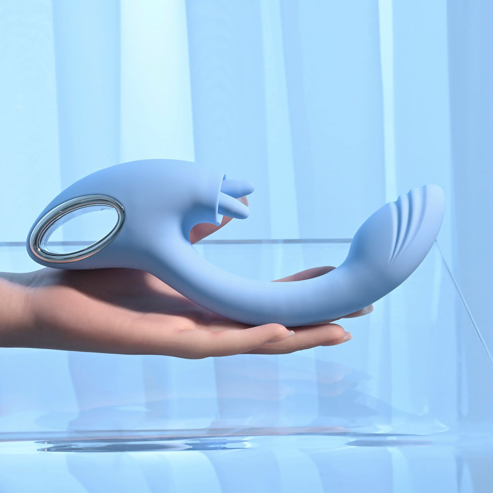 Playboy Pleasure SAPPHIRE SKY - Blue 21.6 cm USB Rechargeable Vibrator with Double Tongue Stimulator - PB-RS-4509-2