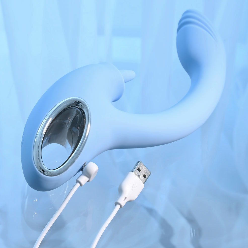 Playboy Pleasure SAPPHIRE SKY - Blue 21.6 cm USB Rechargeable Vibrator with Double Tongue Stimulator - PB-RS-4509-2