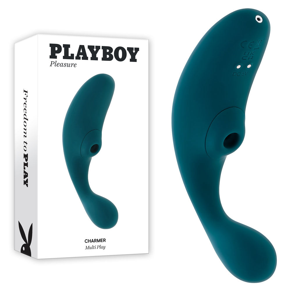 Playboy Pleasure CHARMER - Blue USB Rechargeable Vibrator with Clitoral Suction - PB-RS-4691-2