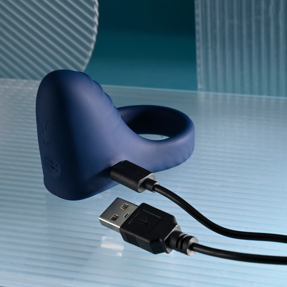 Playboy Pleasure PLEASURE POINT - Blue USB Rechargeable Vibrating Cock Ring - PB-RS-5308-2