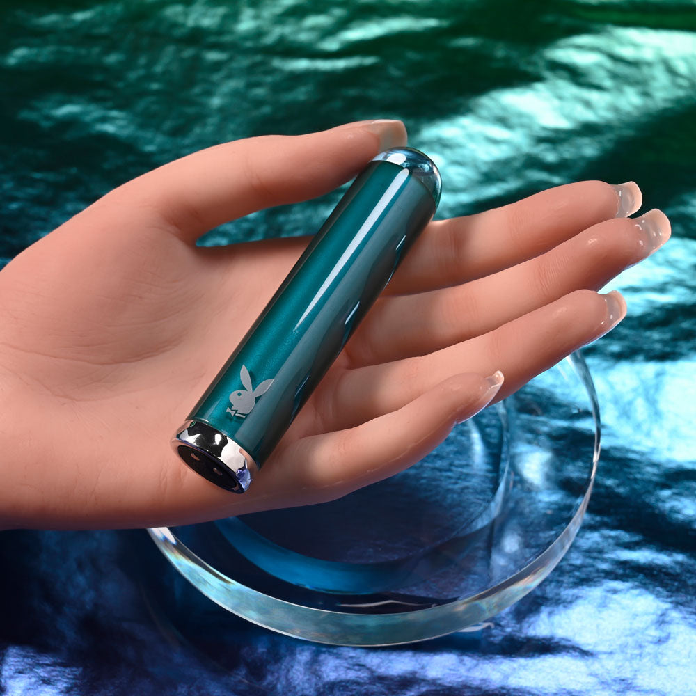 Playboy Pleasure EMERALD - Blue 9.1 cm USB Rechargeable Glass Tipped Bullet - PB-RS-5339-2