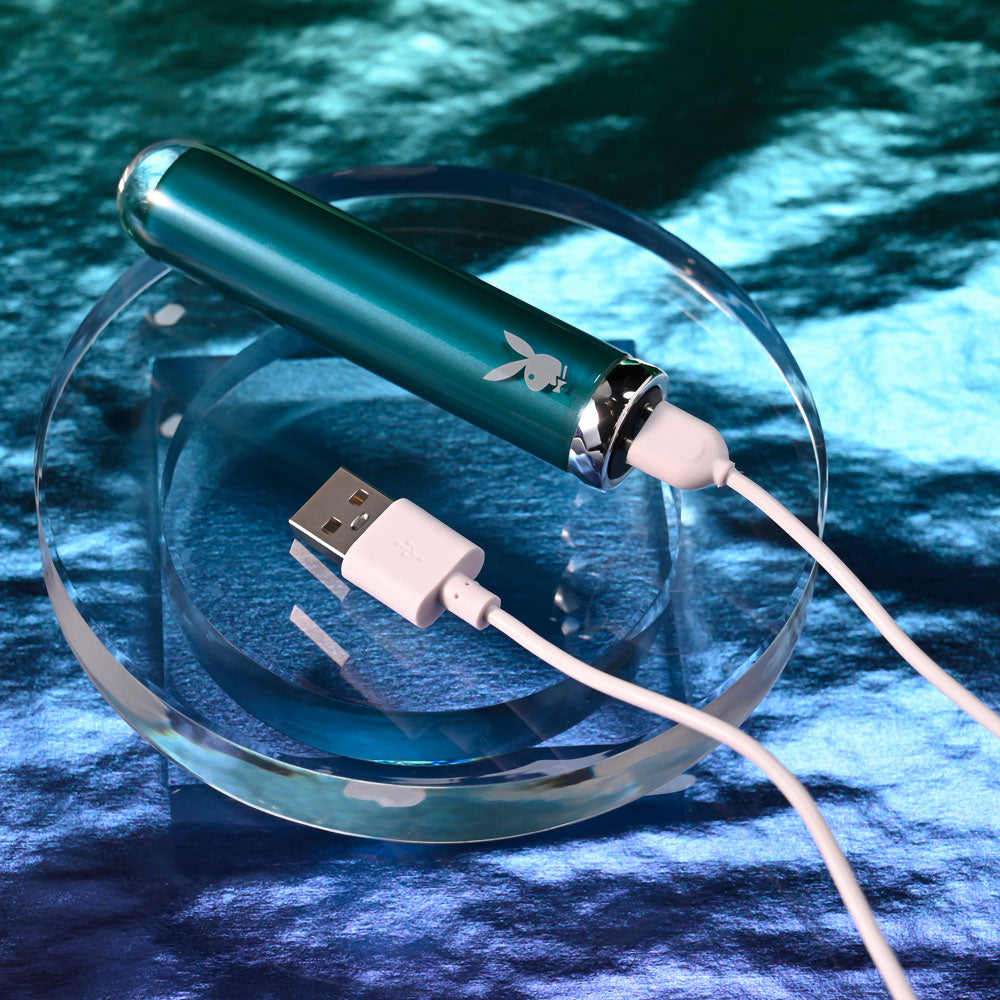 Playboy Pleasure EMERALD - Blue 9.1 cm USB Rechargeable Glass Tipped Bullet - PB-RS-5339-2