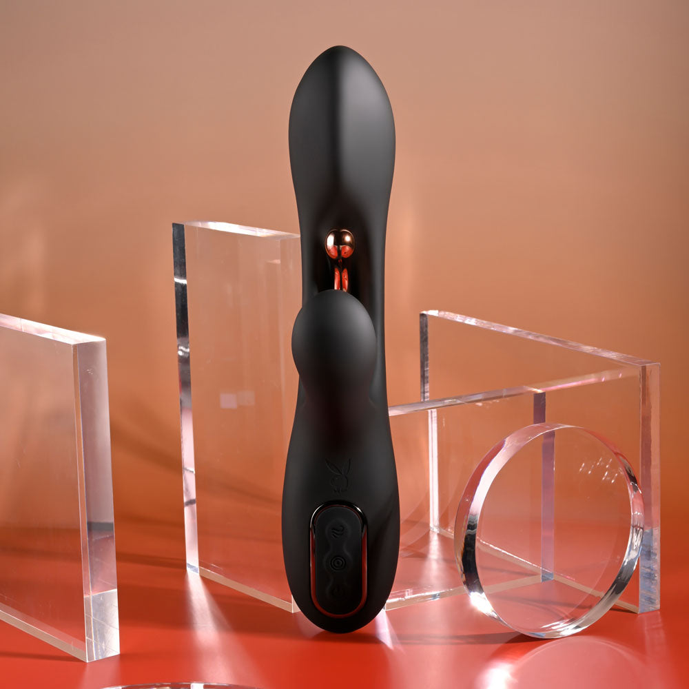 Playboy Pleasure AUREUS - Black 22.7 cm USB Rechargeable Rabbit Vibrator with Internal Flicker - PB-RS-5919-2