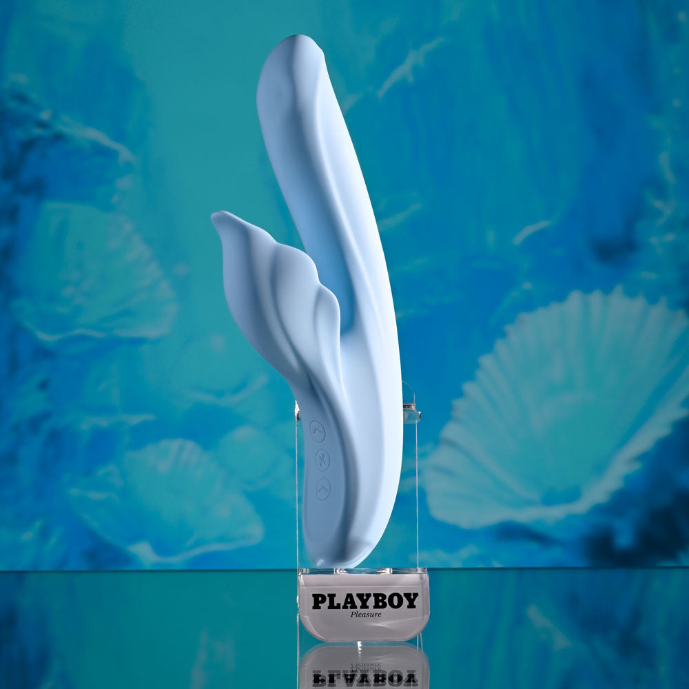 Playboy Pleasure IN BLOOM - Blue 23.5 cm USB Rechargeable Thrusting Tapping & Heating Dual Vibrator - PB-RS-6466-2