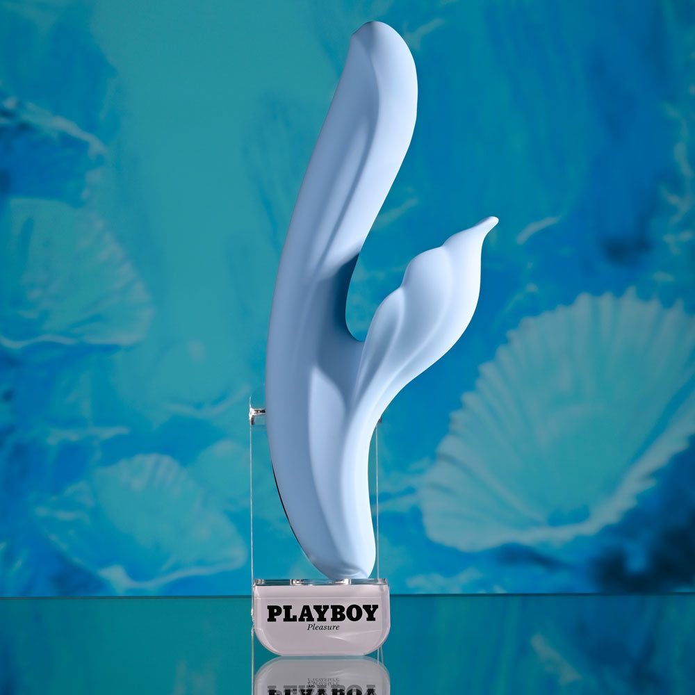 Playboy Pleasure IN BLOOM - Blue 23.5 cm USB Rechargeable Thrusting Tapping & Heating Dual Vibrator - PB-RS-6466-2