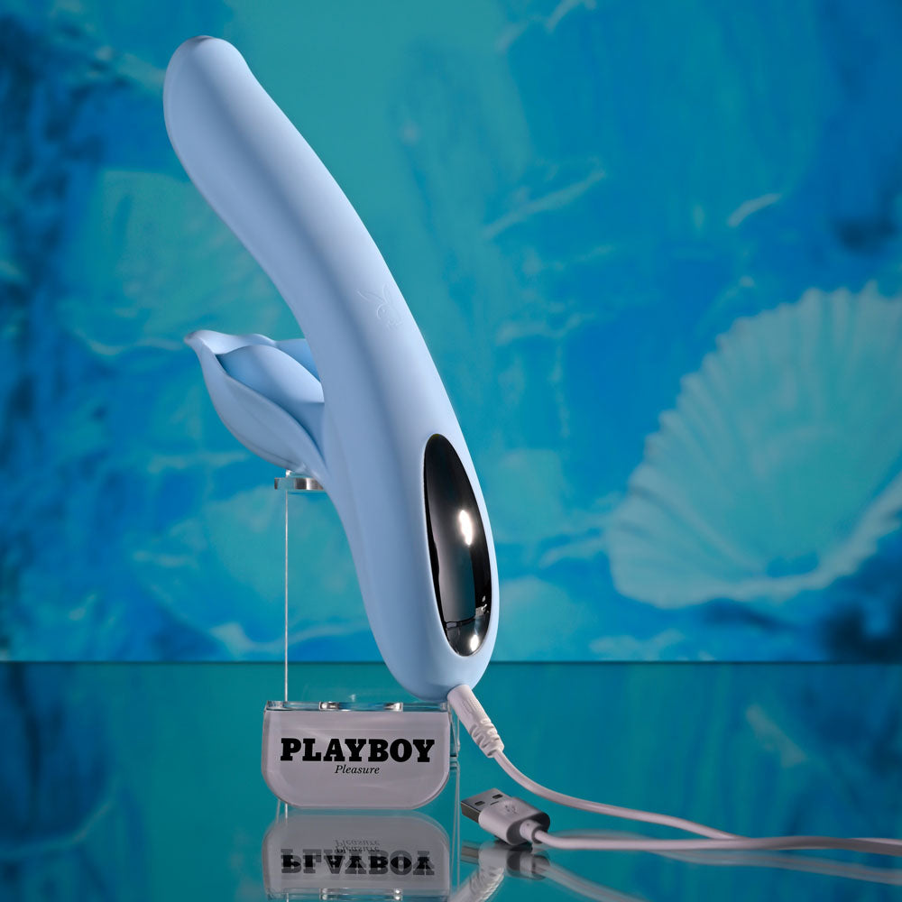Playboy Pleasure IN BLOOM - Blue 23.5 cm USB Rechargeable Thrusting Tapping & Heating Dual Vibrator - PB-RS-6466-2