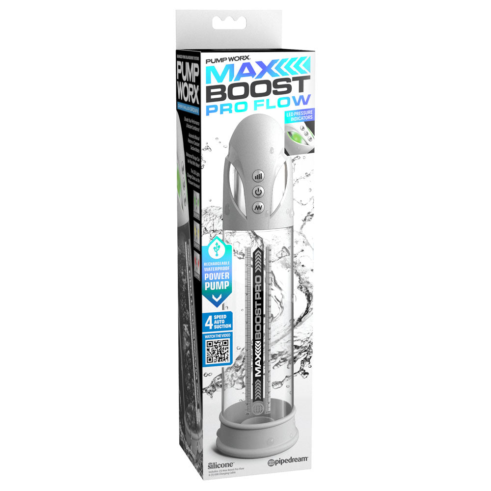 Pump Worx Max Boost Pro Flow - White - White/Clear USB Rechargeable Waterproof Auto Penis Pump - PD3250-19
