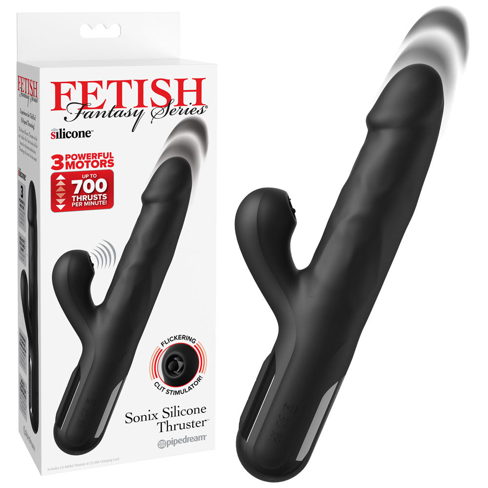 FFS Sonix Silicone Thruster - Black 22 cm USB Rechargeable Thrusting Vibrator with Flicking Clit Stim - PD4565-23