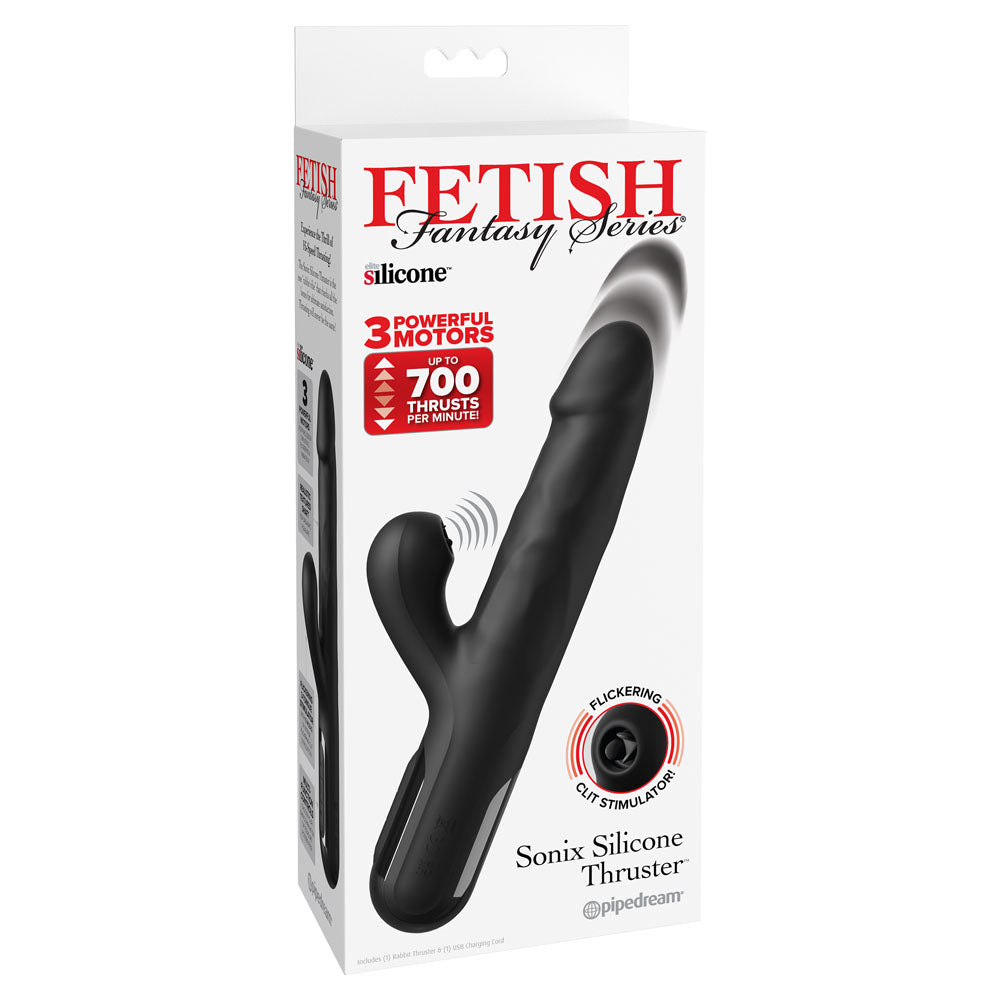 FFS Sonix Silicone Thruster - Black 22 cm USB Rechargeable Thrusting Vibrator with Flicking Clit Stim - PD4565-23