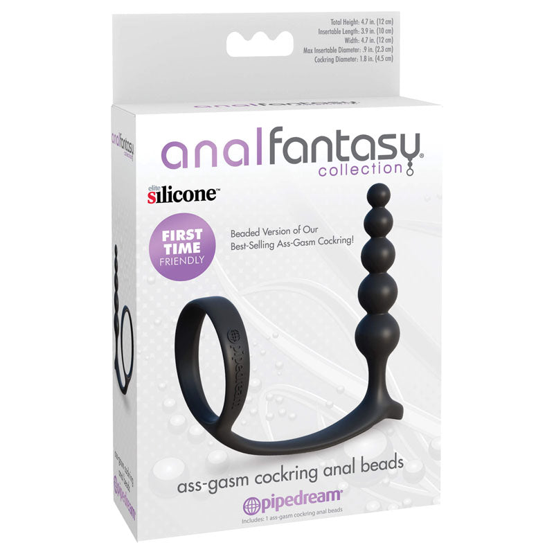 Anal Fantasy Collection Ass-Gasm Cockring Anal Beads - Black Cock Ring with Anal Plug - PD4696-23