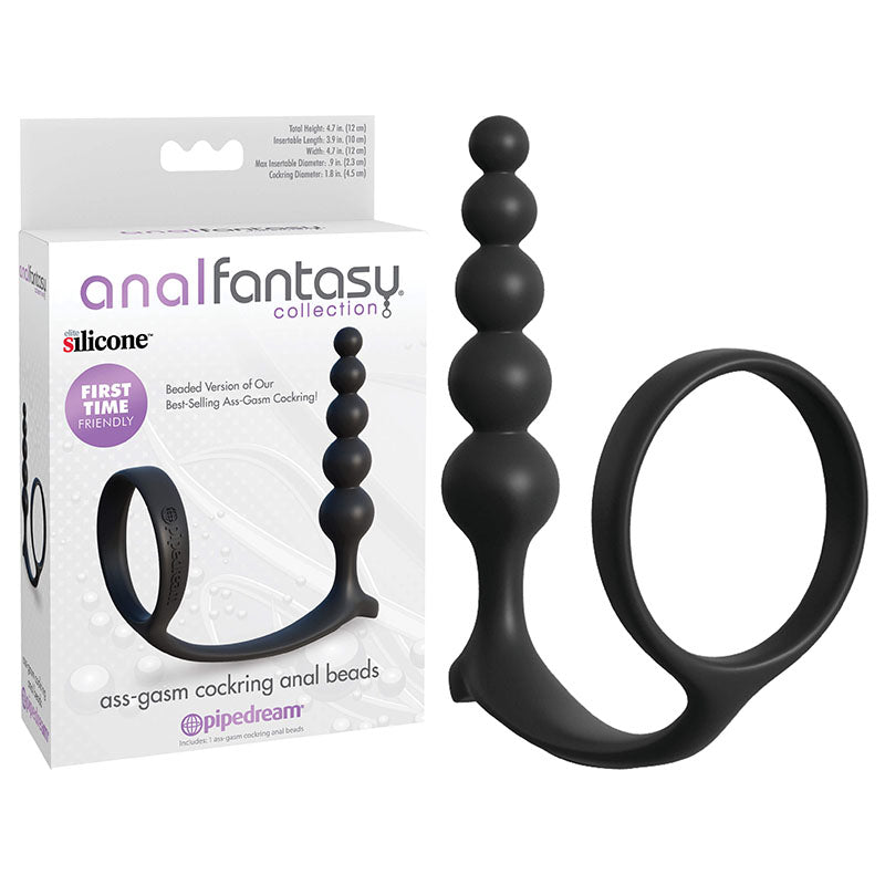 Anal Fantasy Collection Ass-Gasm Cockring Anal Beads - Black Cock Ring with Anal Plug - PD4696-23