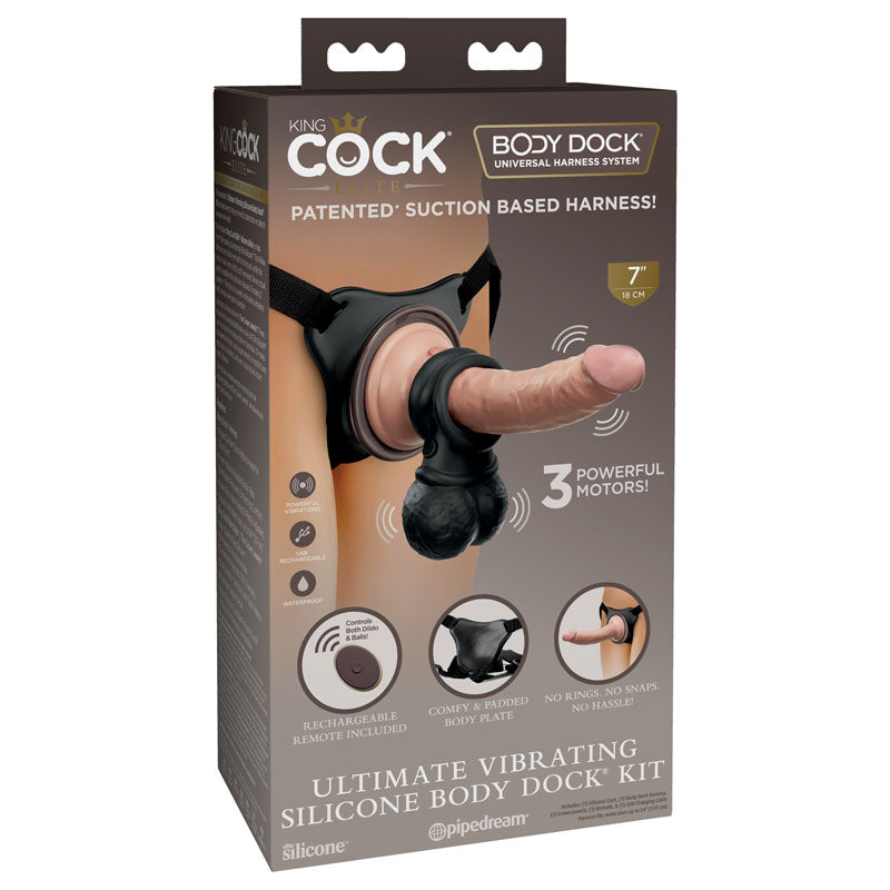 King Cock Elite Ultimate Vibrating Silicone Body Dock Kit - Body Dock Strap-On Harness with 17.8 cm Vibrating Dong & Vibrating Balls - PD5785-21