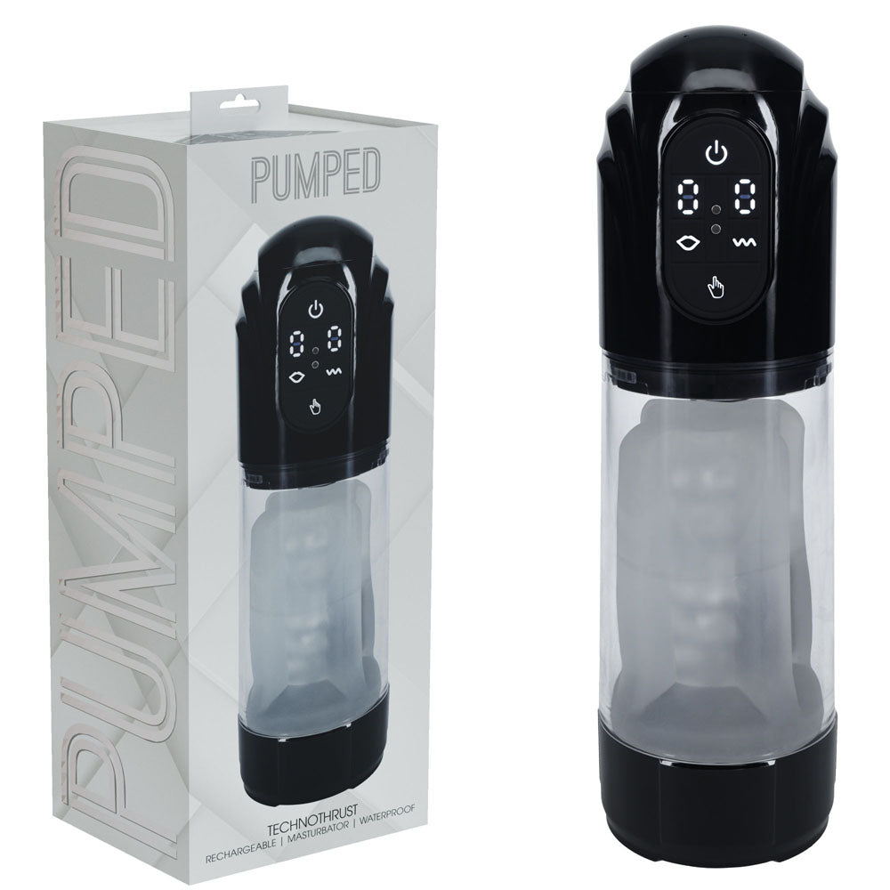 PUMPED TechnoThrust Auto Masturbator - Black/Clear USB Rechargeable Auto Maturbator - PMP061BLK