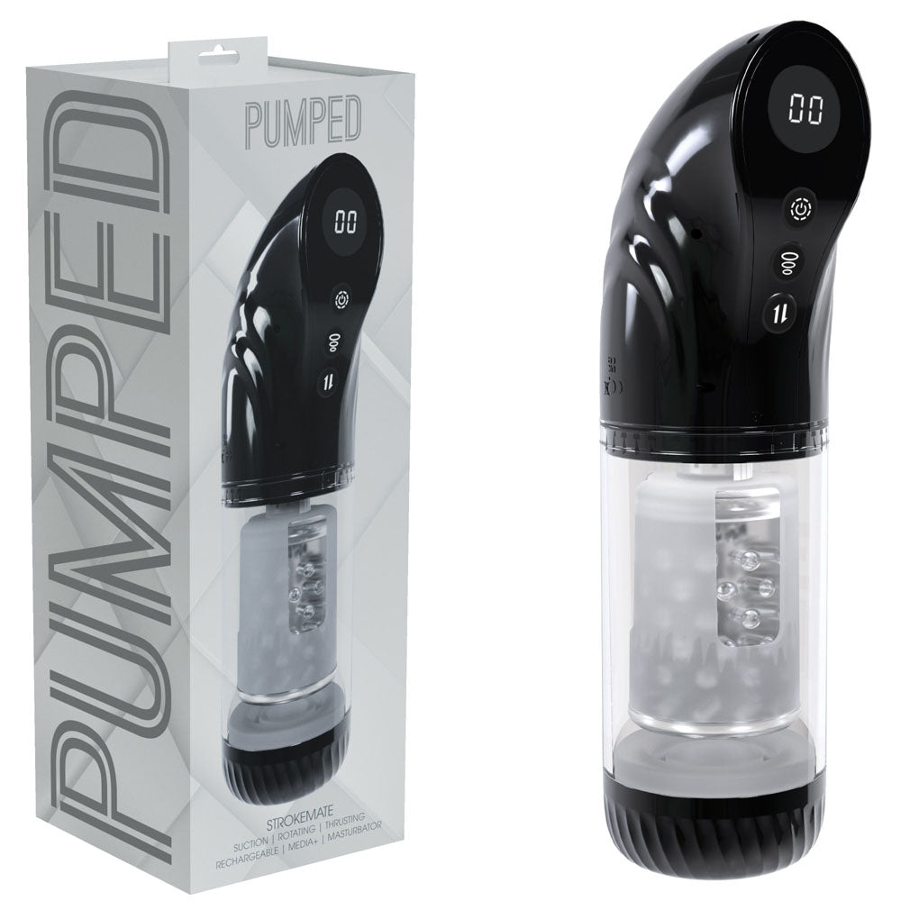 PUMPED Strokemate - Black/Clear USB Rechargeable Sucking Rotating and Thrusting Auto Masturbator - PMP063BLK