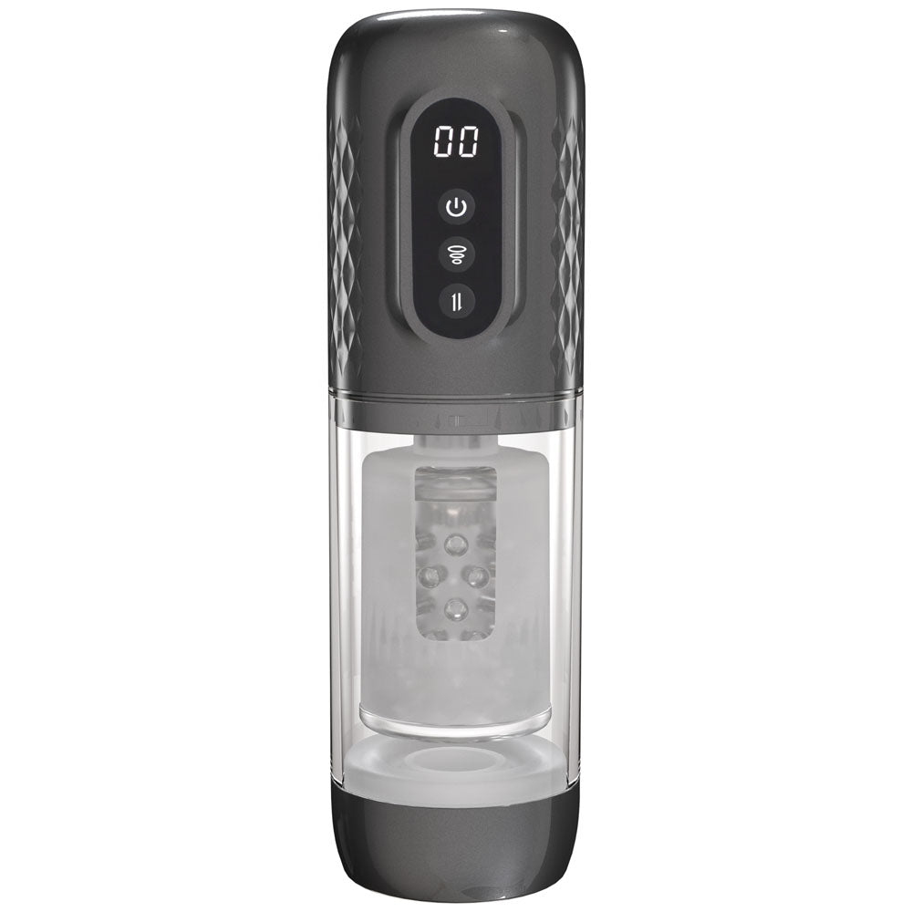 PUMPED Vortex - Gunmetal - Gunmetal Grey/Clear USB Rechargeable Sucking Rotating and Thrusting Auto Masturbator - PMP064GUN