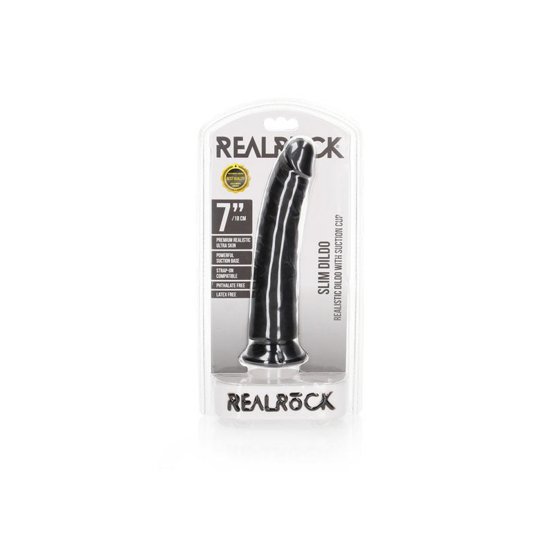 REALROCK Realistic Slim Dildo with Suction Cup - 18cm - Black 18 cm (7'') Dong - REA114BLK