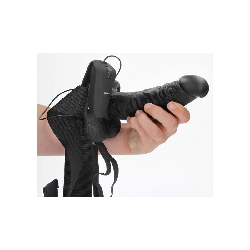 REALROCK Vibrating Hollow Strapon + Balls - 18cm Black - Black 18 cm Vibrating Hollow Strap-On - REA133BLK