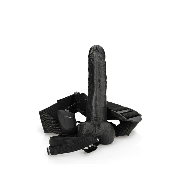 REALROCK Vibrating Hollow Strapon + Balls - 18cm Black - Black 18 cm Vibrating Hollow Strap-On - REA133BLK