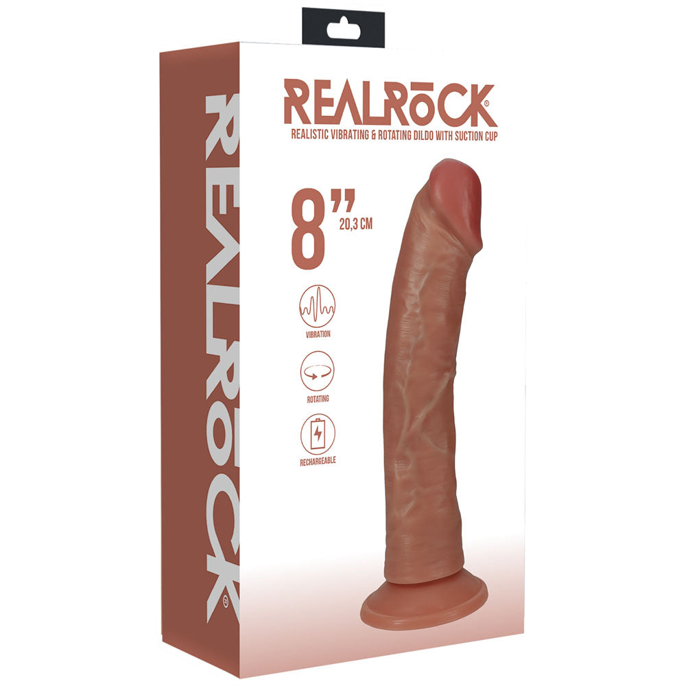 REALROCK 20cm Vibrating + Rotating Cock - Tan - Tan 20.3 cm (8'') USB Rechargeable Vibrating and Rotating Dong - REA191TAN