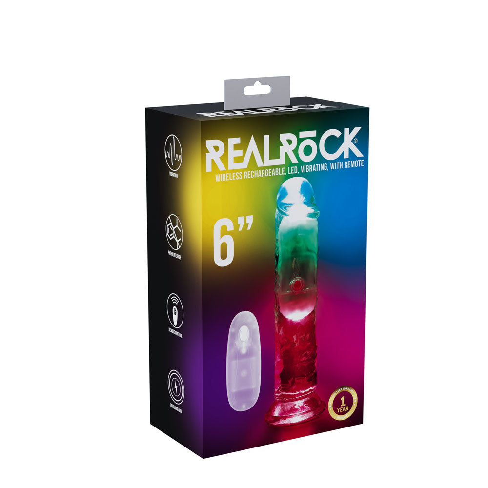 REALROCK 6'' No Balls Wireless Rechargeable LED Vibrating Dong - Clear with LED 16.5 cm USB Rechargeable Vibrating Dong with Remote - REA202TRA