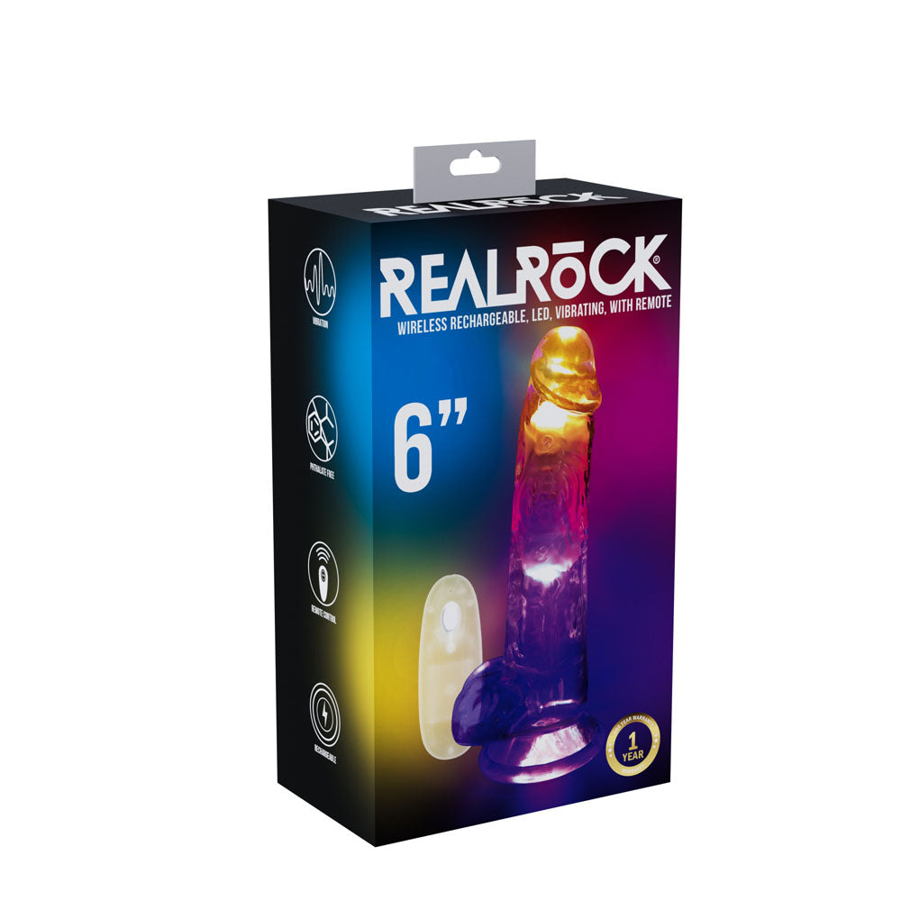 REALROCK 6'' with Balls Wireless Rechargeable LED Vibrating Dong - Clear with LED 16.2 cm USB Rechargeable Vibrating Dong with Remote - REA203TRA