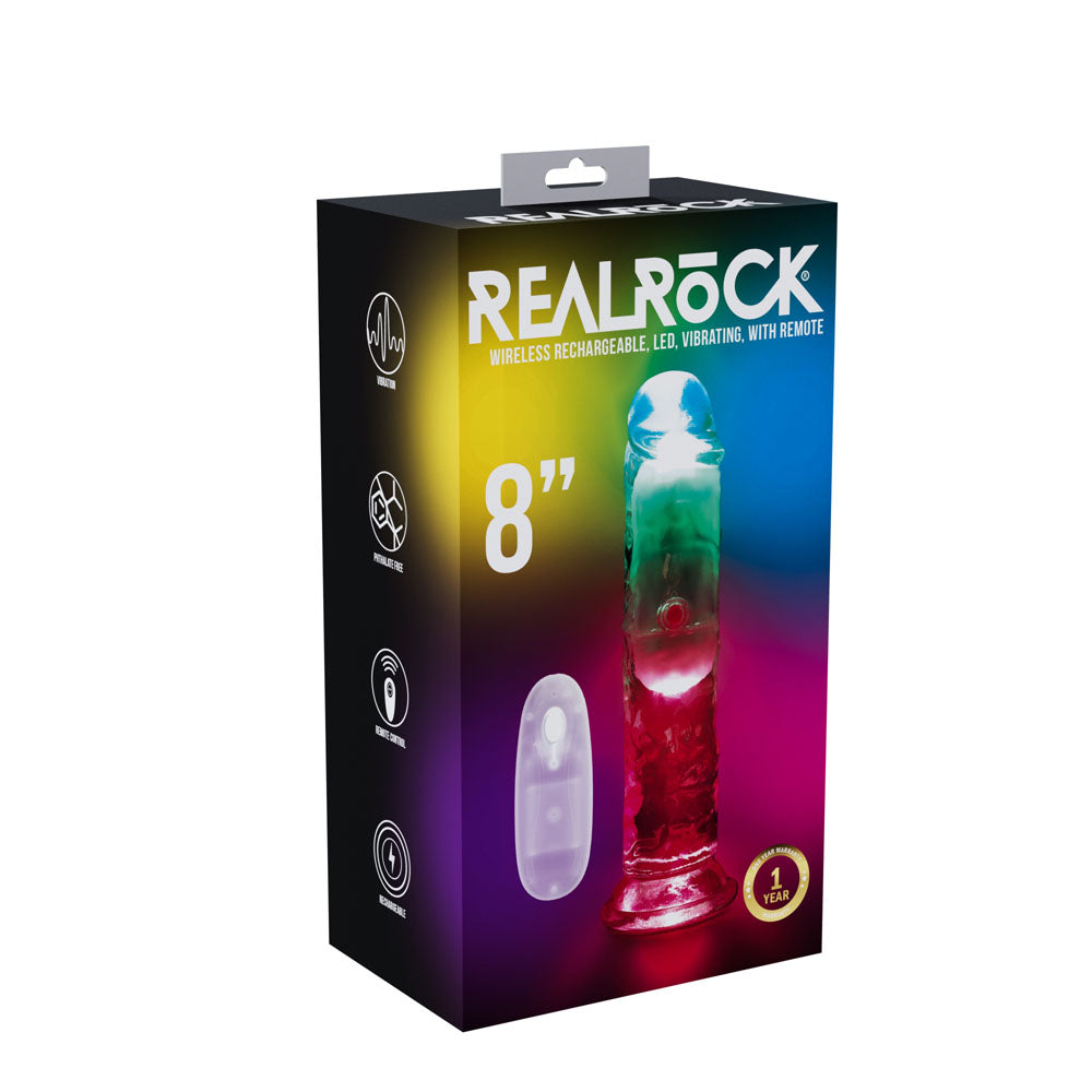 REALROCK 8'' No Balls Wireless Rechargeable LED Vibrating Dong - Clear with LED 22 cm USB Rechargeable Vibrating Dong with Remote - REA206TRA