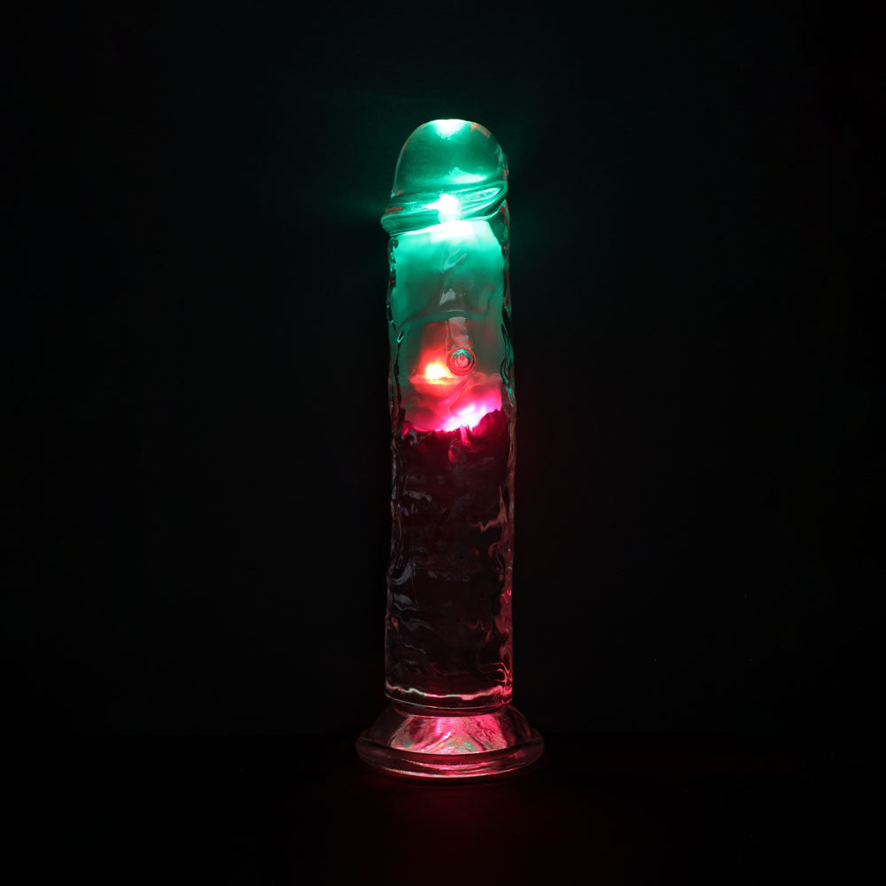 REALROCK 8'' No Balls Wireless Rechargeable LED Vibrating Dong - Clear with LED 22 cm USB Rechargeable Vibrating Dong with Remote - REA206TRA