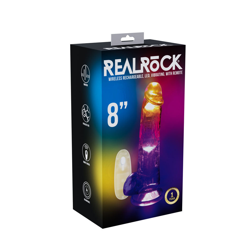 REALROCK 8'' with Balls Wireless Rechargeable LED Vibrating Dong - Clear with LED 22.5 cm USB Rechargeable Vibrating Dong with Remote - REA207TRA