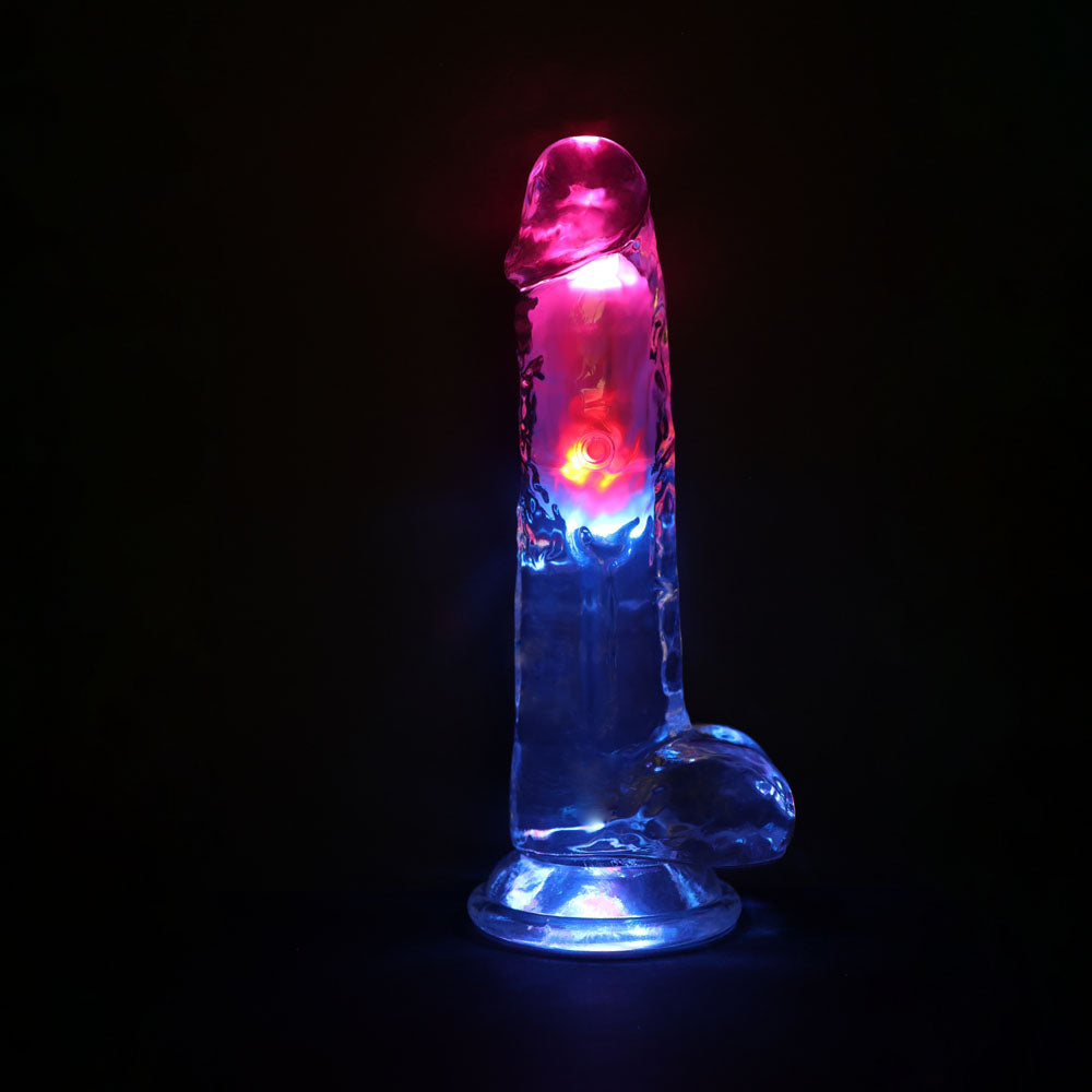 REALROCK 8'' with Balls Wireless Rechargeable LED Vibrating Dong - Clear with LED 22.5 cm USB Rechargeable Vibrating Dong with Remote - REA207TRA