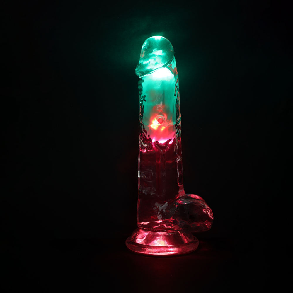 REALROCK 8'' with Balls Wireless Rechargeable LED Vibrating Dong - Clear with LED 22.5 cm USB Rechargeable Vibrating Dong with Remote - REA207TRA