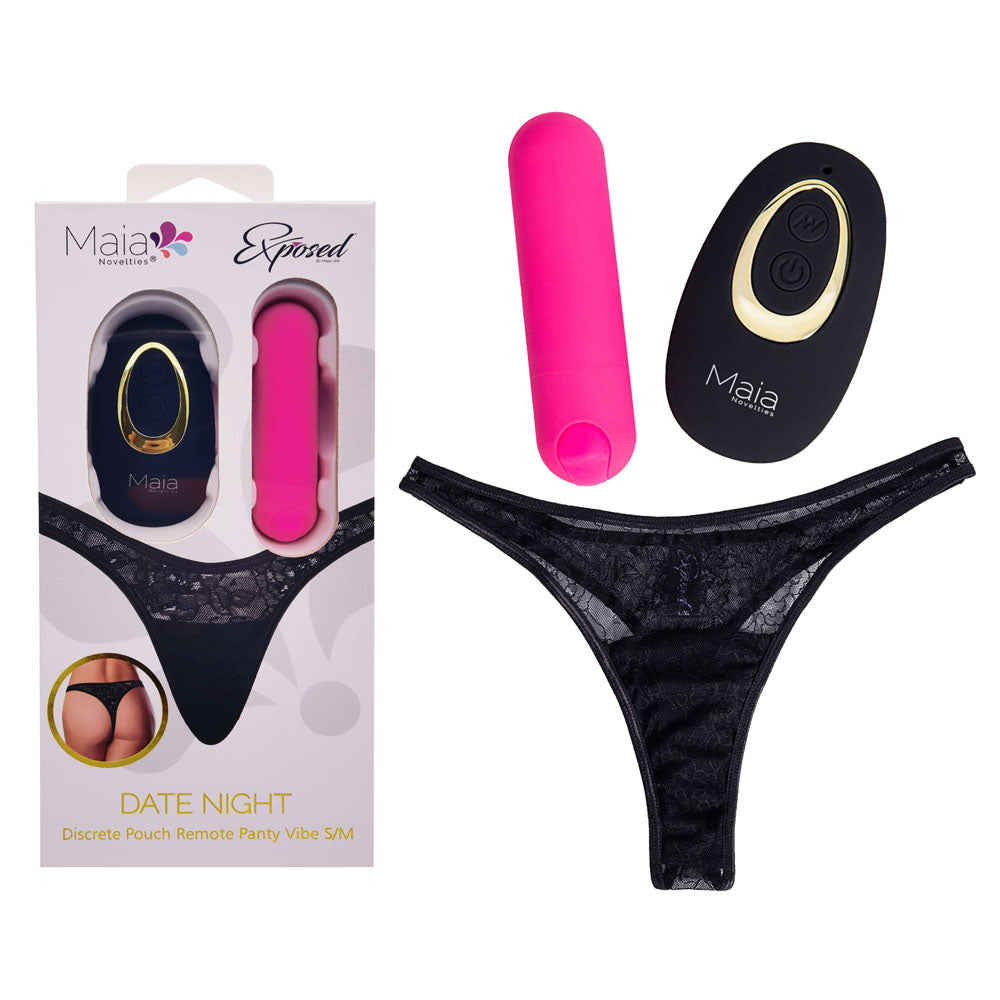 Maia DATE NIGHT PANTY VIBE - L/XL - Black L/XL Panty with Pink USB Rechargeable Bullet & Remote - RM330-PK-LXL