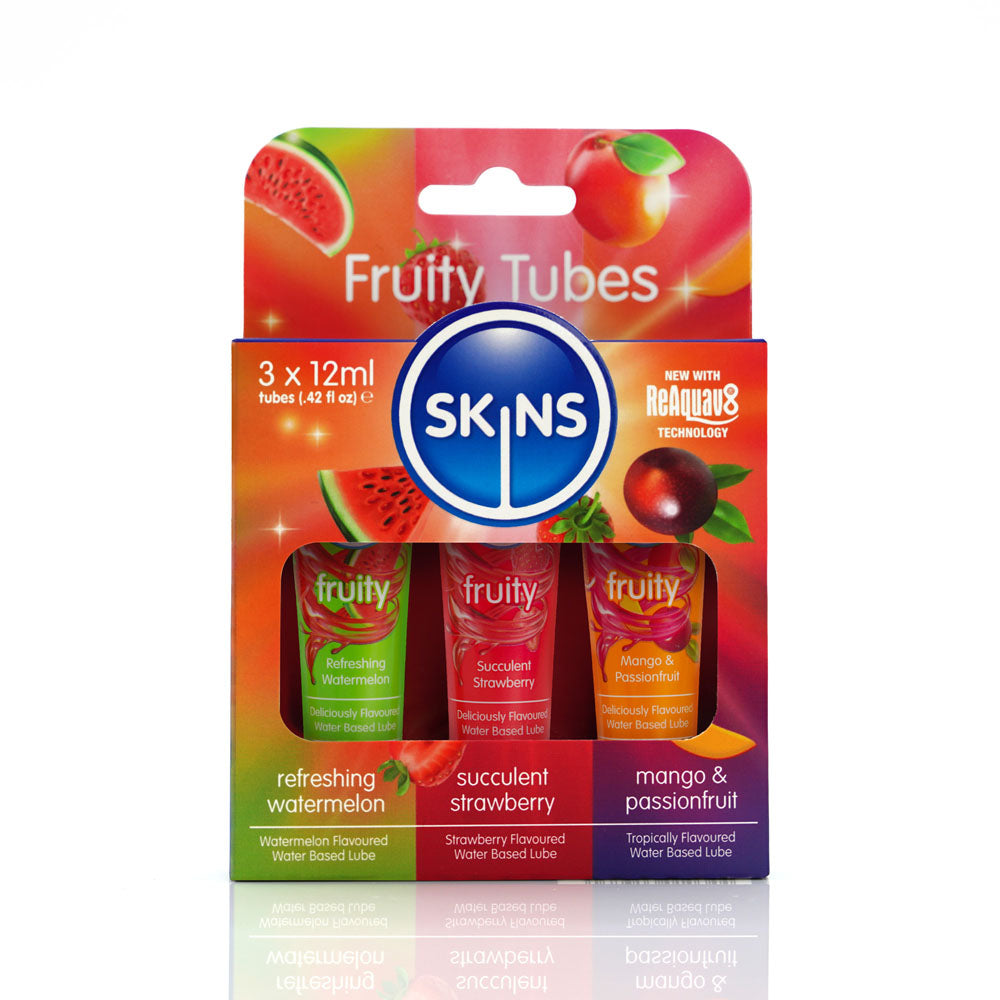 Skins Fruity Tubes - Watermelon, Strawberry, & Mango & Passionfruit Flavoured Lubricants - 12 ml Bottles - SKLUBSPL3FR