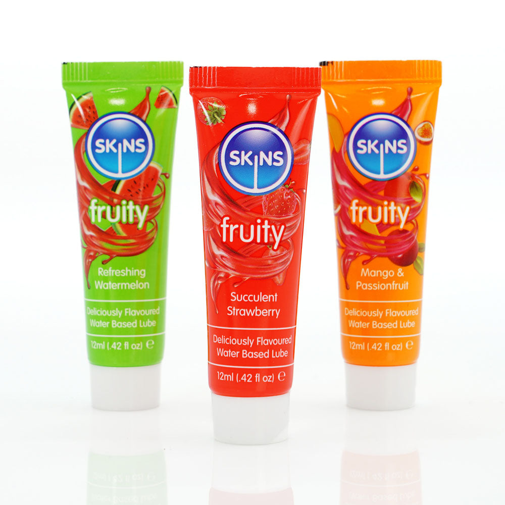 Skins Fruity Tubes - Watermelon, Strawberry, & Mango & Passionfruit Flavoured Lubricants - 12 ml Bottles - SKLUBSPL3FR