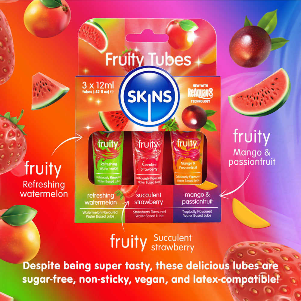 Skins Fruity Tubes - Watermelon, Strawberry, & Mango & Passionfruit Flavoured Lubricants - 12 ml Bottles - SKLUBSPL3FR
