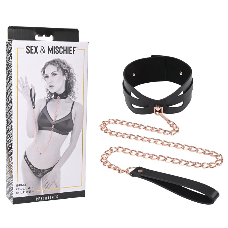 Sex & Mischief Brat Collar & Leash - Rose Gold/Black Restraint - SS09841