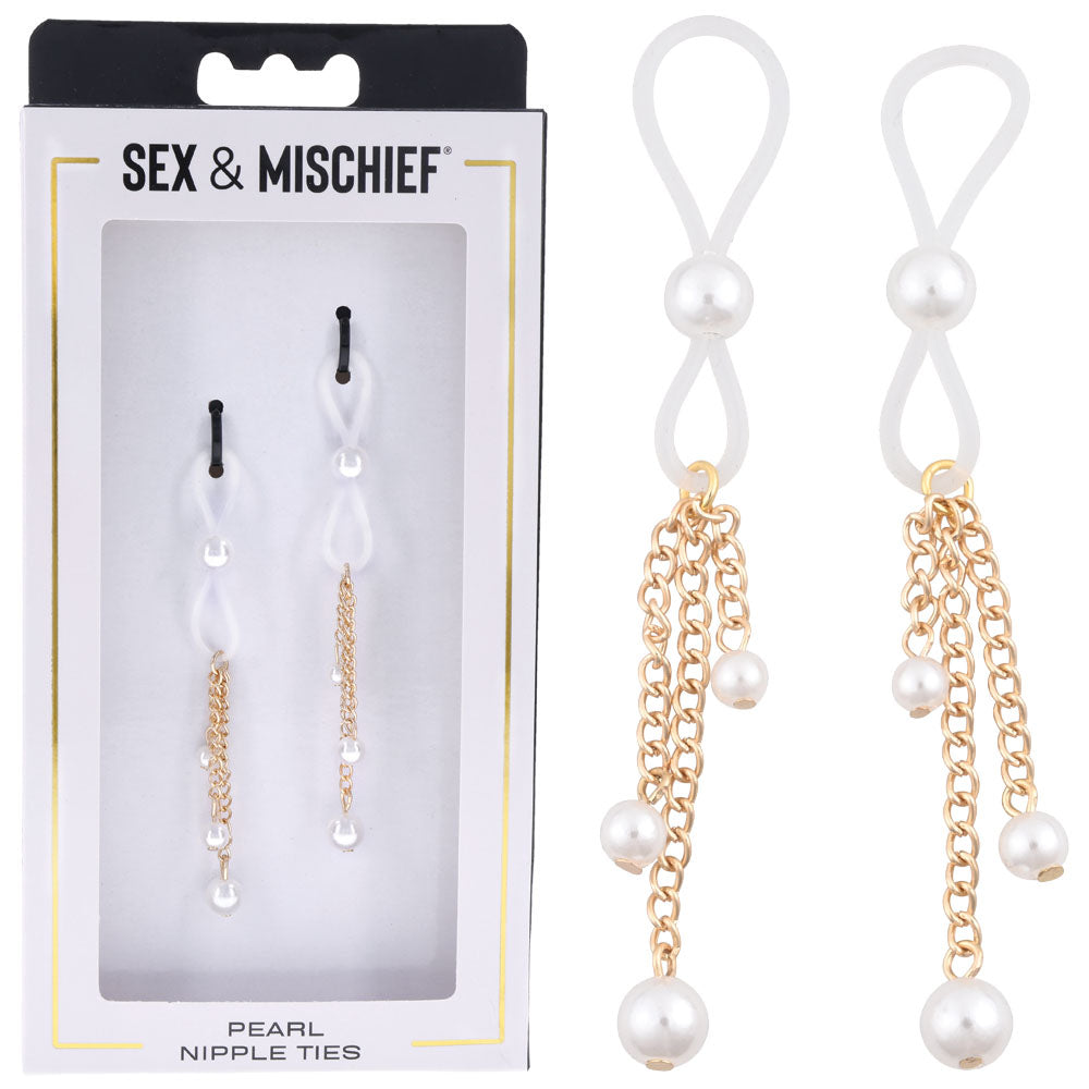 Sex & Mischief Pearl Nipple Ties - Gold/Pearl Nipple Restraints - Set of 2 - SS09858