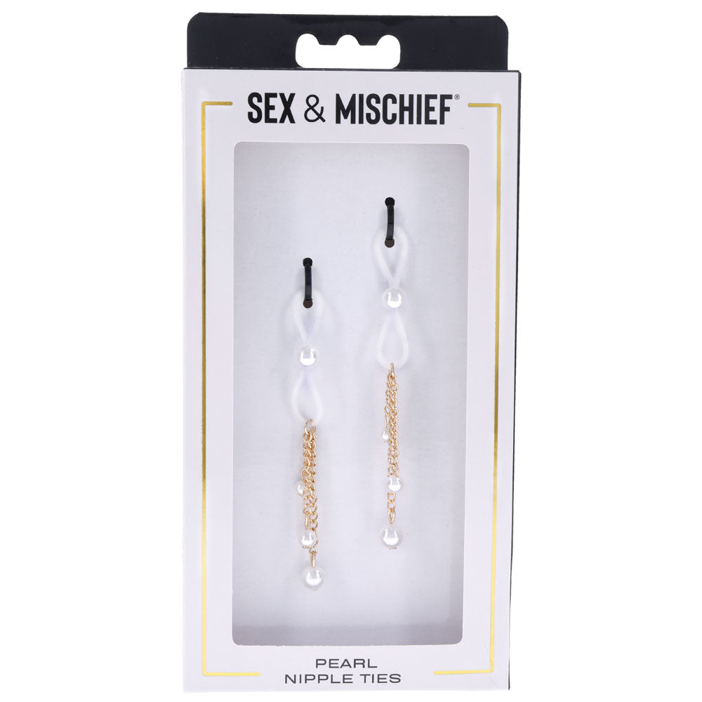 Sex & Mischief Pearl Nipple Ties - Gold/Pearl Nipple Restraints - Set of 2 - SS09858