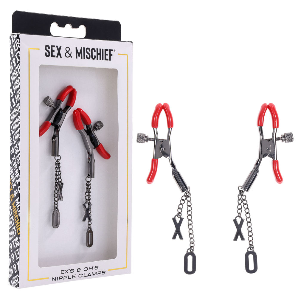 S&M Exs & Ohs Nipple Clamps - Red Tipped Metal Nipple Clamps - Set of 2 - SS09983