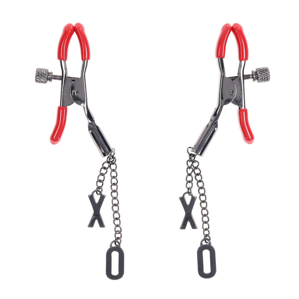 S&M Exs & Ohs Nipple Clamps - Red Tipped Metal Nipple Clamps - Set of 2 - SS09983