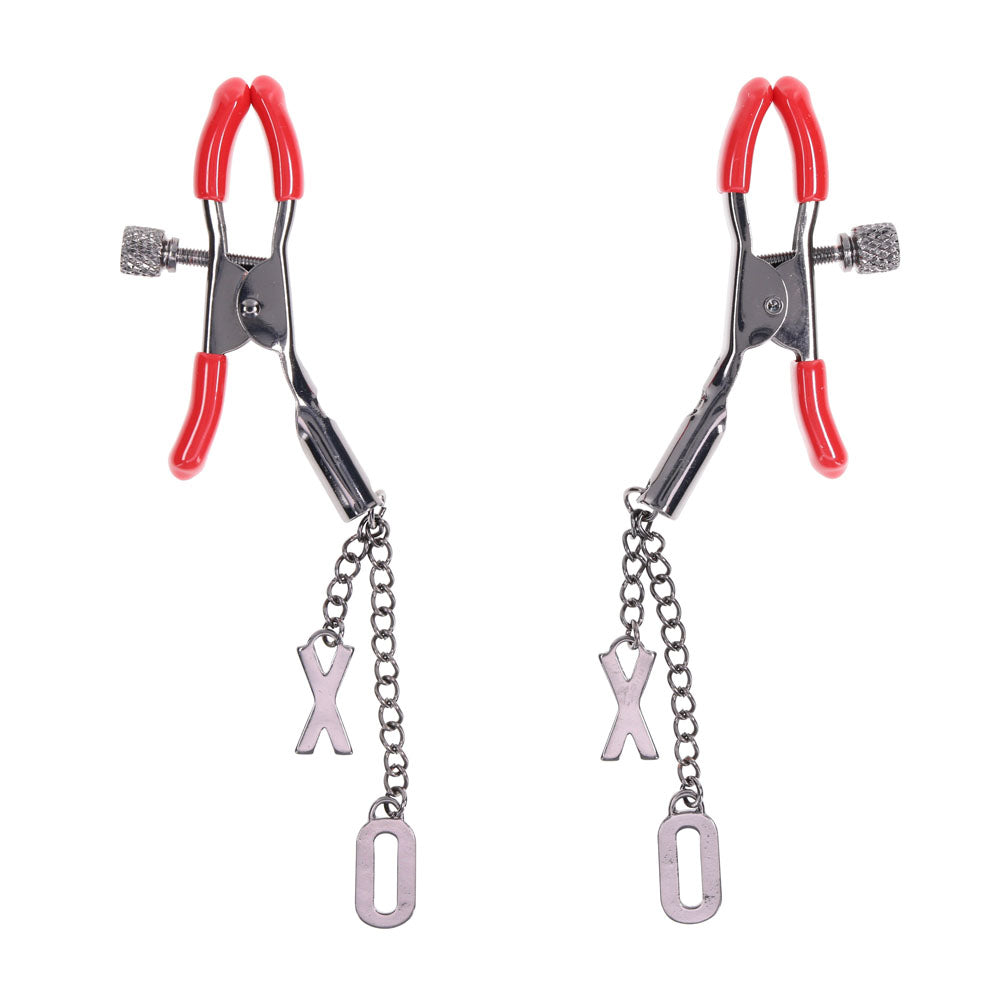 S&M Exs & Ohs Nipple Clamps - Red Tipped Metal Nipple Clamps - Set of 2 - SS09983