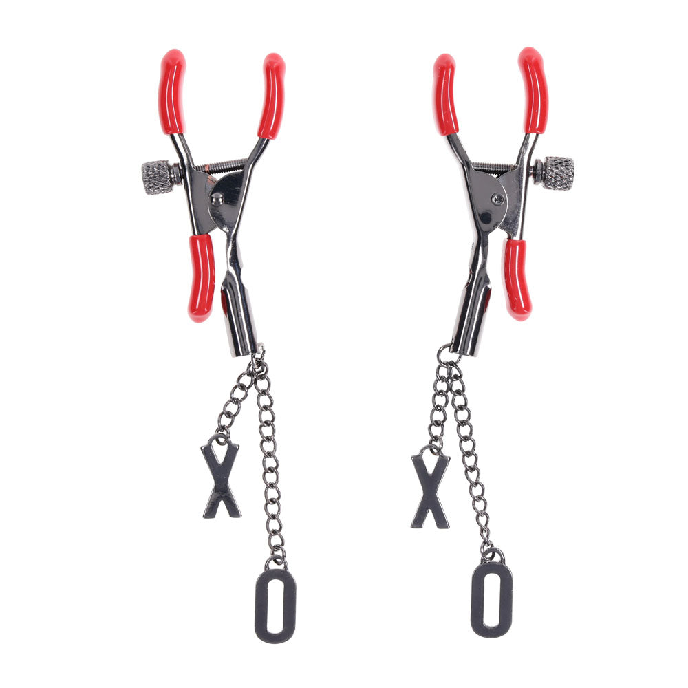 S&M Exs & Ohs Nipple Clamps - Red Tipped Metal Nipple Clamps - Set of 2 - SS09983