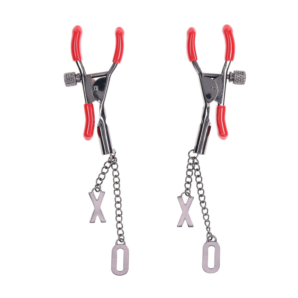 S&M Exs & Ohs Nipple Clamps - Red Tipped Metal Nipple Clamps - Set of 2 - SS09983