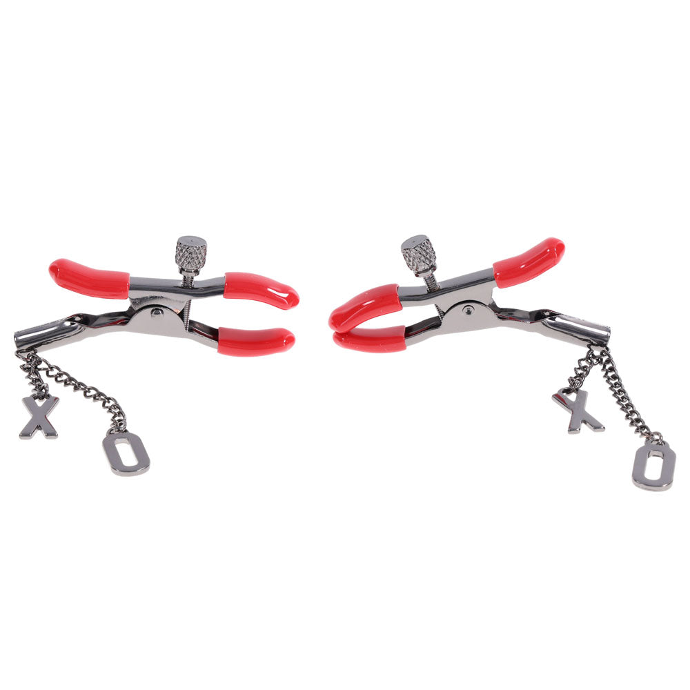 S&M Exs & Ohs Nipple Clamps - Red Tipped Metal Nipple Clamps - Set of 2 - SS09983