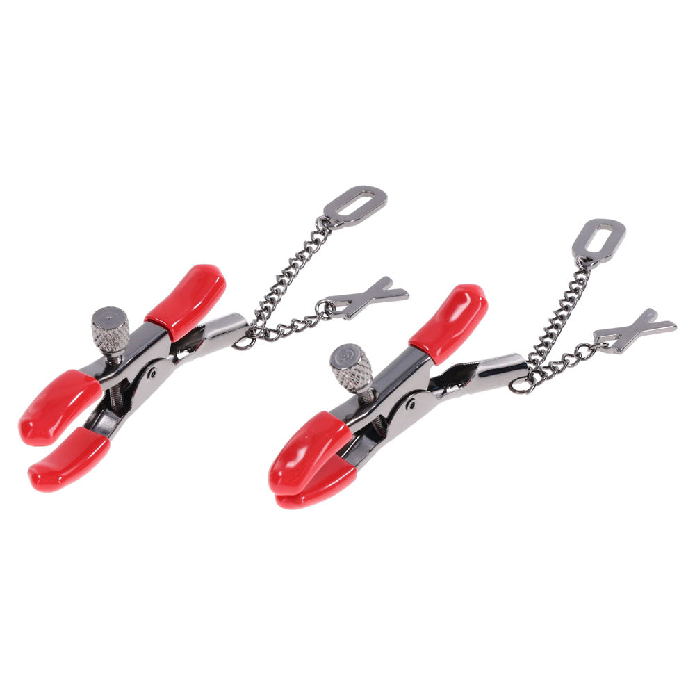S&M Exs & Ohs Nipple Clamps - Red Tipped Metal Nipple Clamps - Set of 2 - SS09983